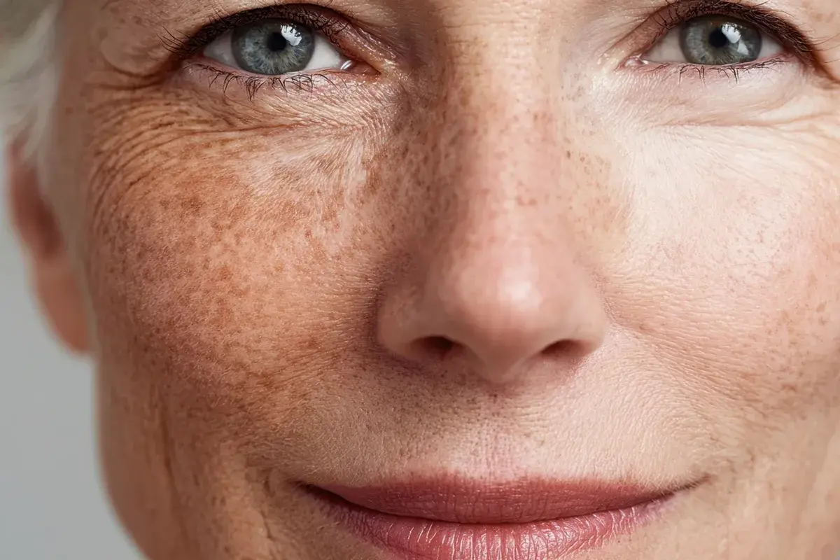 Close-up of a woman's face showing sun damage and hyperpigmentation on her cheek.